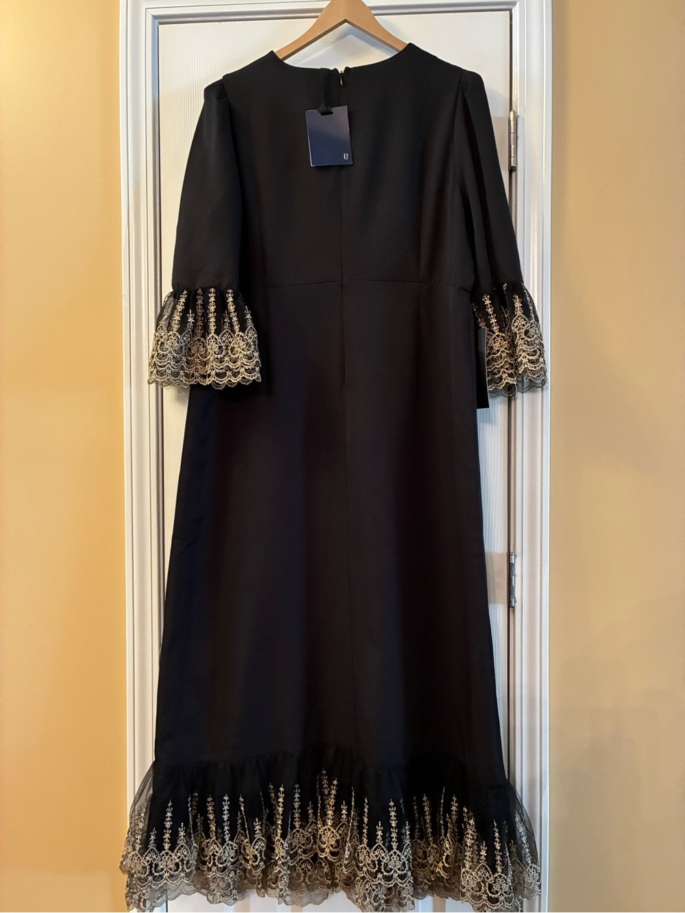 Black Maxi Dress with Layered Gold Lace Trim - Elegant For Formal Occasions. XXL